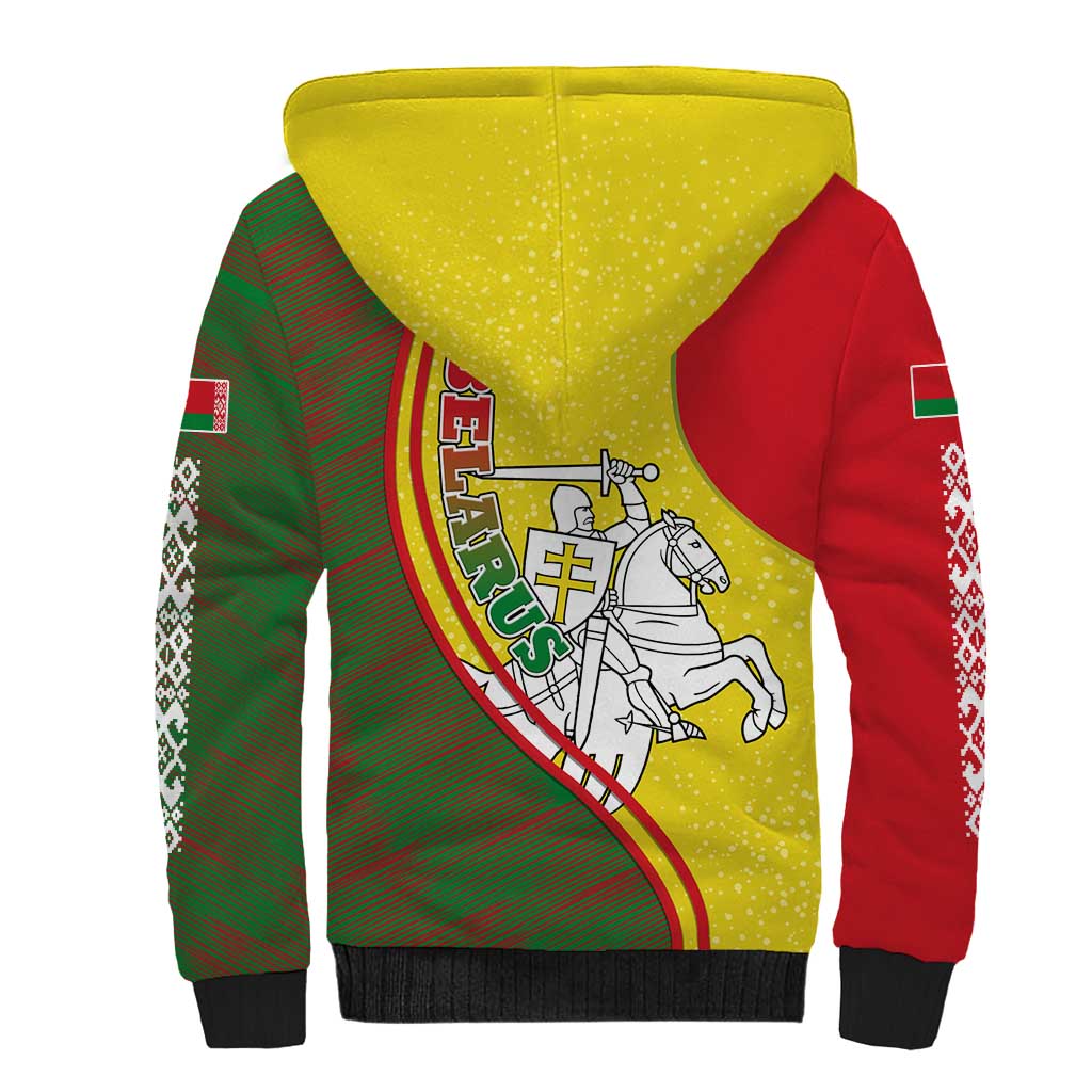Belarus Pahonia Knight Crest Sherpa Hoodie with Red Green Yellow Folk Pattern Design