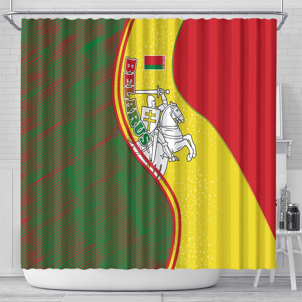 Belarus Pahonia Knight Crest Shower Curtain with Red Green Yellow Folk Pattern Design