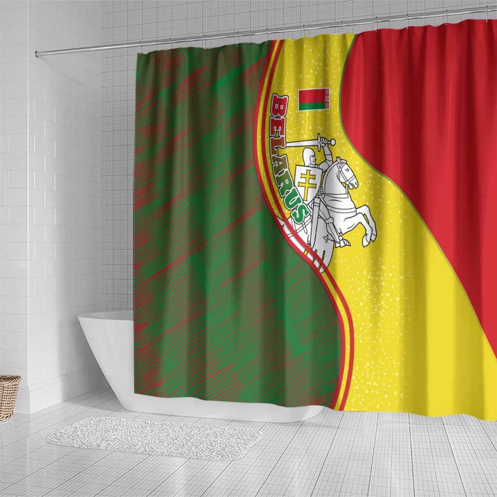 Belarus Pahonia Knight Crest Shower Curtain with Red Green Yellow Folk Pattern Design