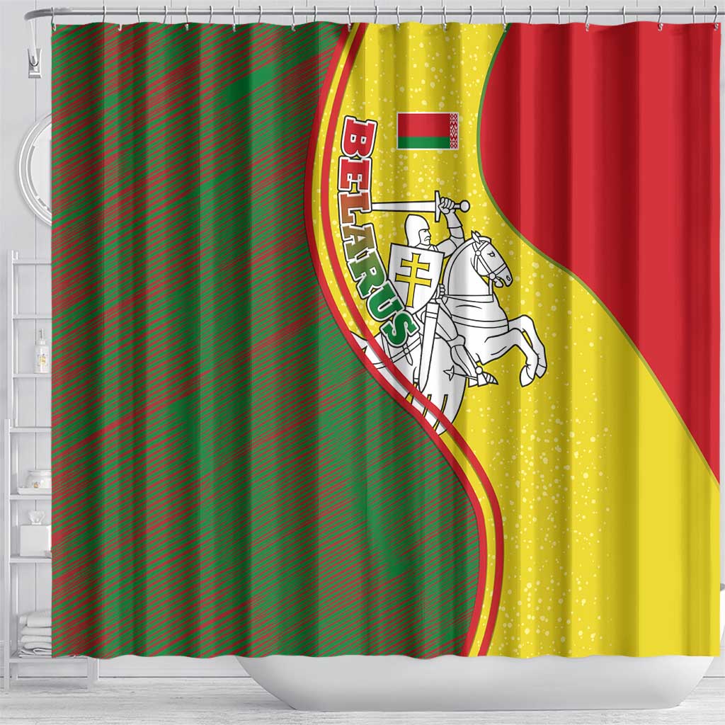 Belarus Pahonia Knight Crest Shower Curtain with Red Green Yellow Folk Pattern Design