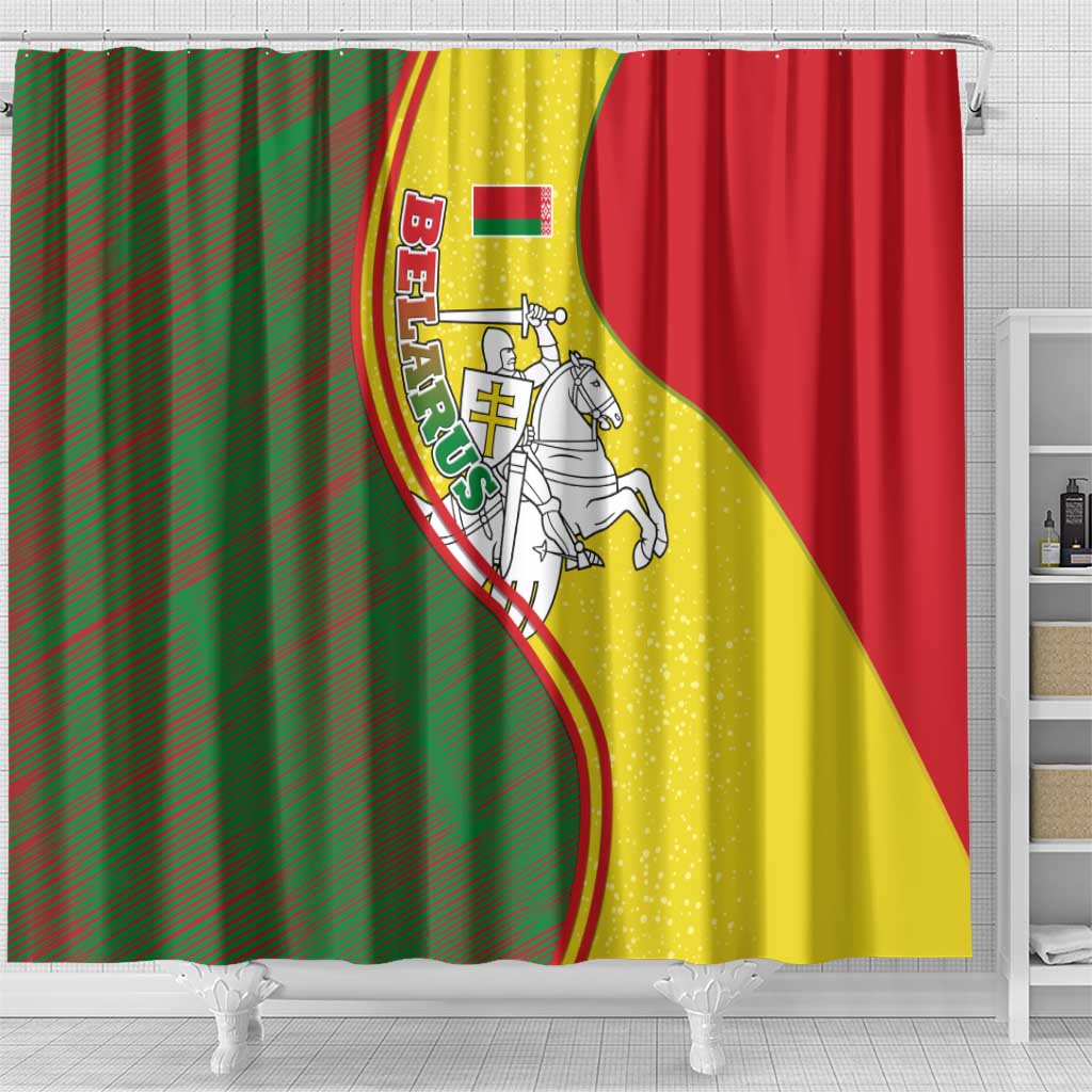 Belarus Pahonia Knight Crest Shower Curtain with Red Green Yellow Folk Pattern Design