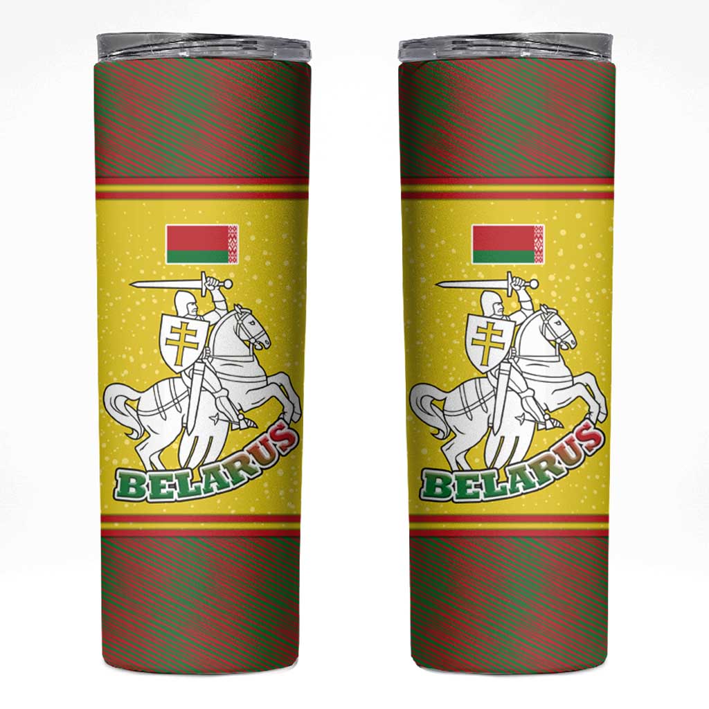 Belarus Pahonia Knight Crest Skinny Tumbler with Red Green Yellow Folk Pattern Design