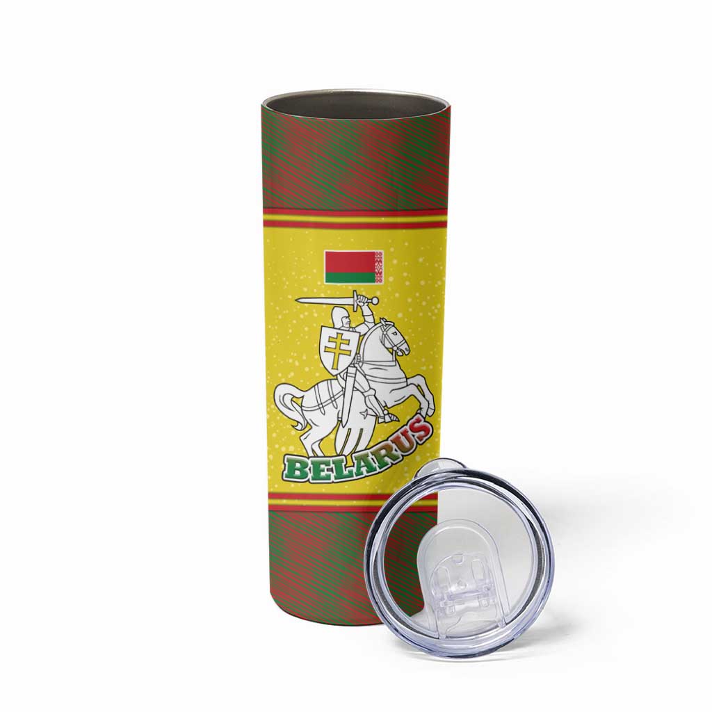 Belarus Pahonia Knight Crest Skinny Tumbler with Red Green Yellow Folk Pattern Design