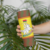 Belarus Pahonia Knight Crest Skinny Tumbler with Red Green Yellow Folk Pattern Design