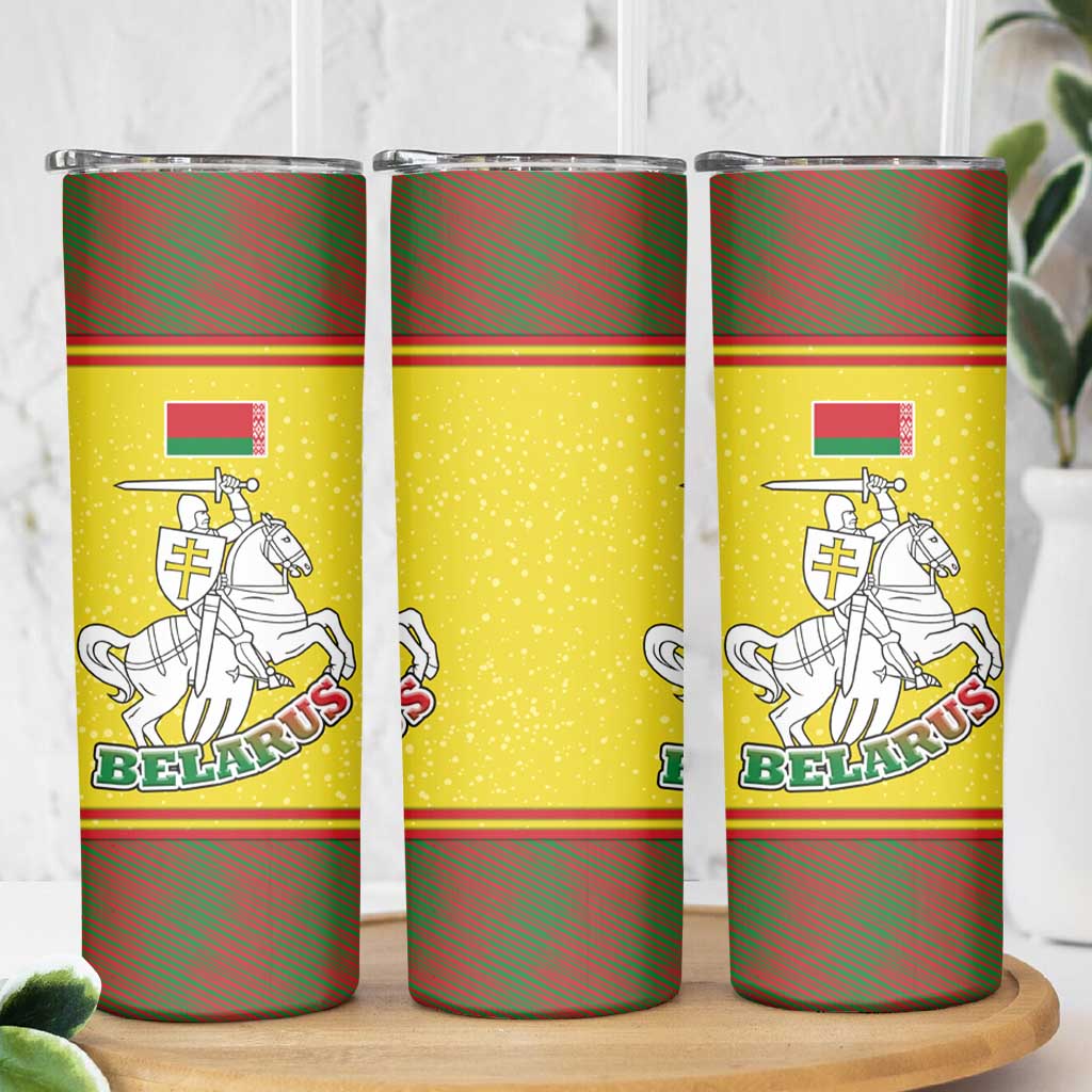 Belarus Pahonia Knight Crest Skinny Tumbler with Red Green Yellow Folk Pattern Design