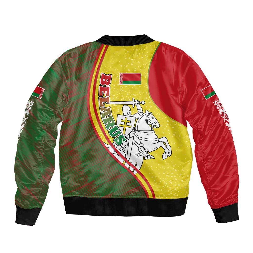 Belarus Pahonia Knight Crest Sleeve Zip Bomber Jacket with Red Green Yellow Folk Pattern Design
