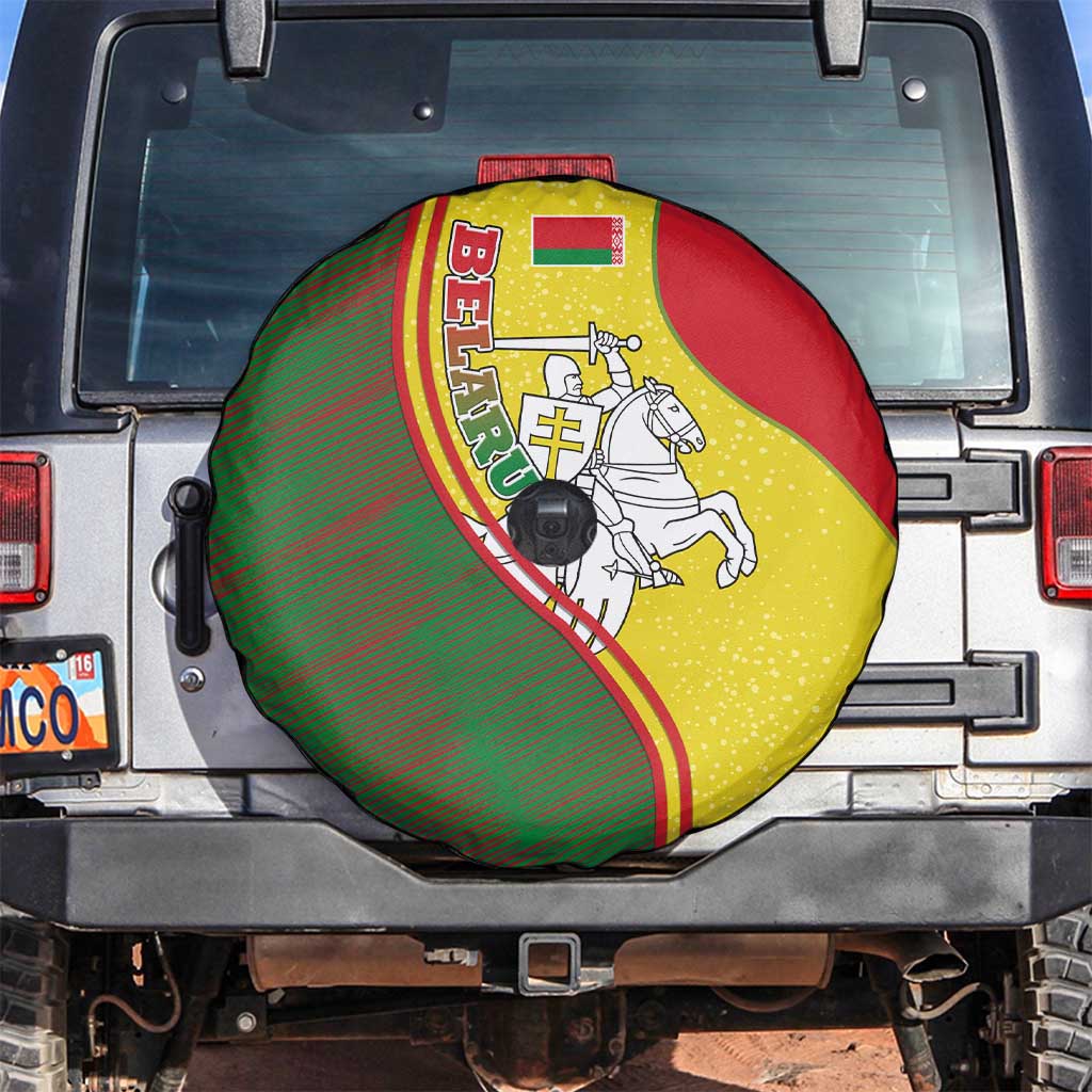 Belarus Pahonia Knight Crest Spare Tire Cover with Red Green Yellow Folk Pattern Design