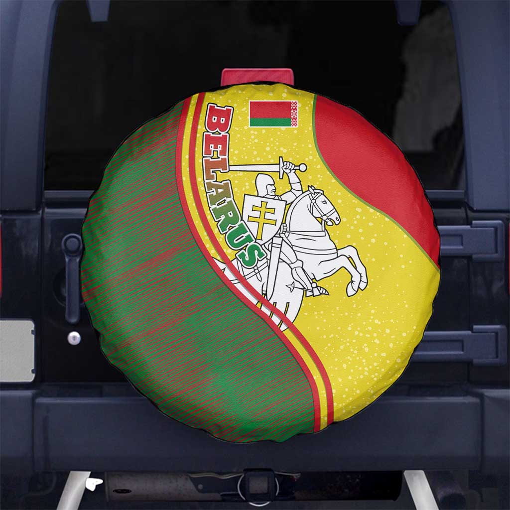 Belarus Pahonia Knight Crest Spare Tire Cover with Red Green Yellow Folk Pattern Design