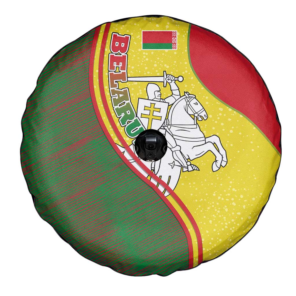 Belarus Pahonia Knight Crest Spare Tire Cover with Red Green Yellow Folk Pattern Design