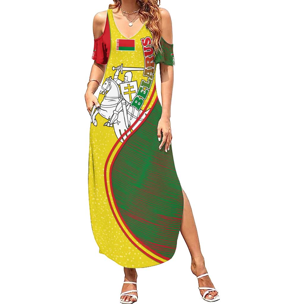 Belarus Pahonia Knight Crest Summer Maxi Dress with Red Green Yellow Folk Pattern Design