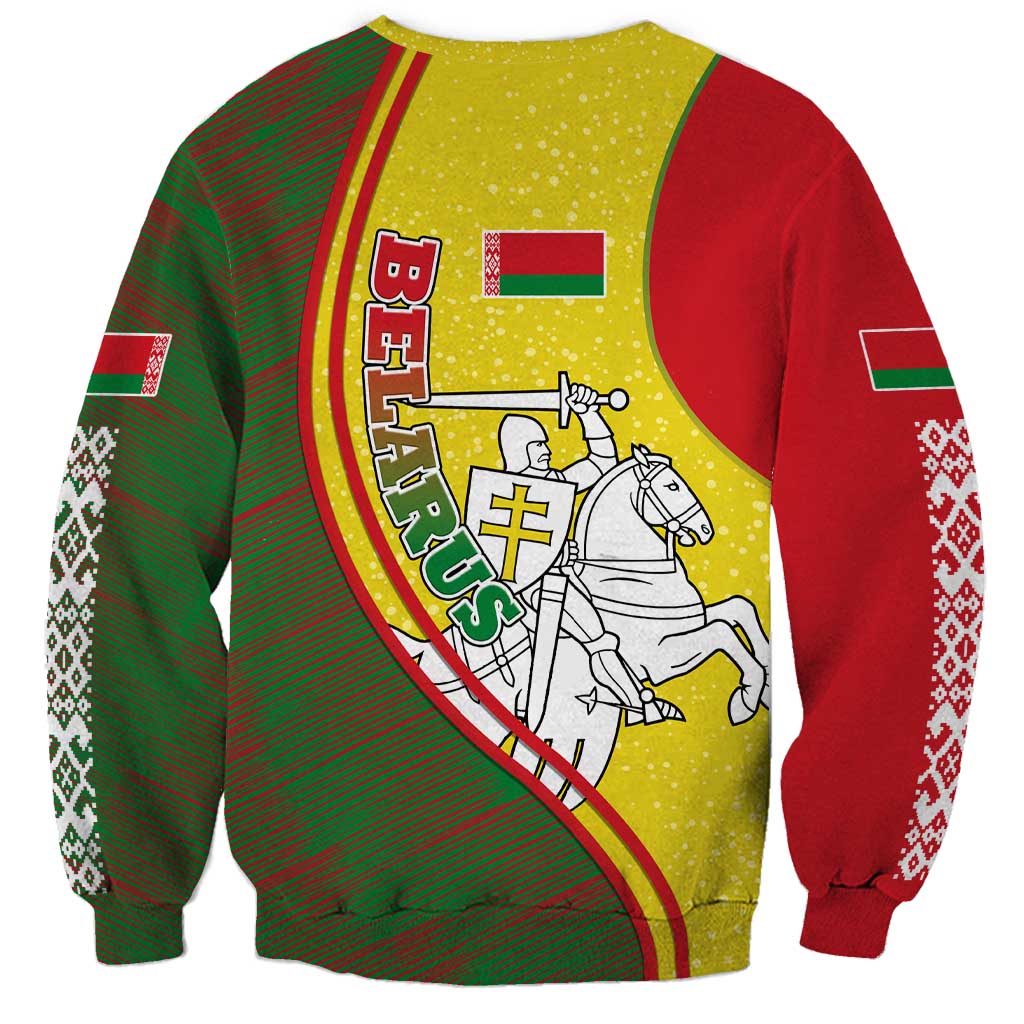 Belarus Pahonia Knight Crest Sweatshirt with Red Green Yellow Folk Pattern Design