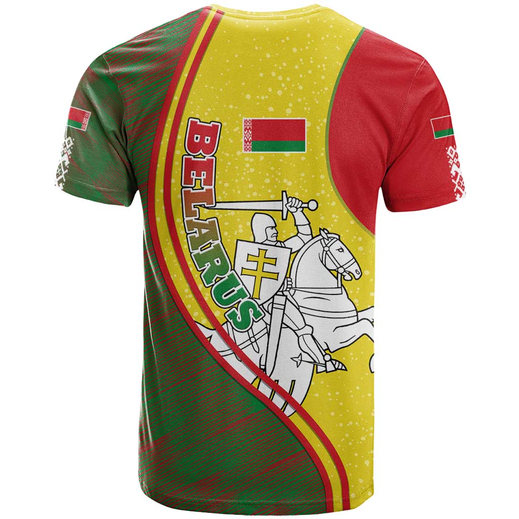 Belarus Pahonia Knight Crest T Shirt with Red Green Yellow Folk Pattern Design