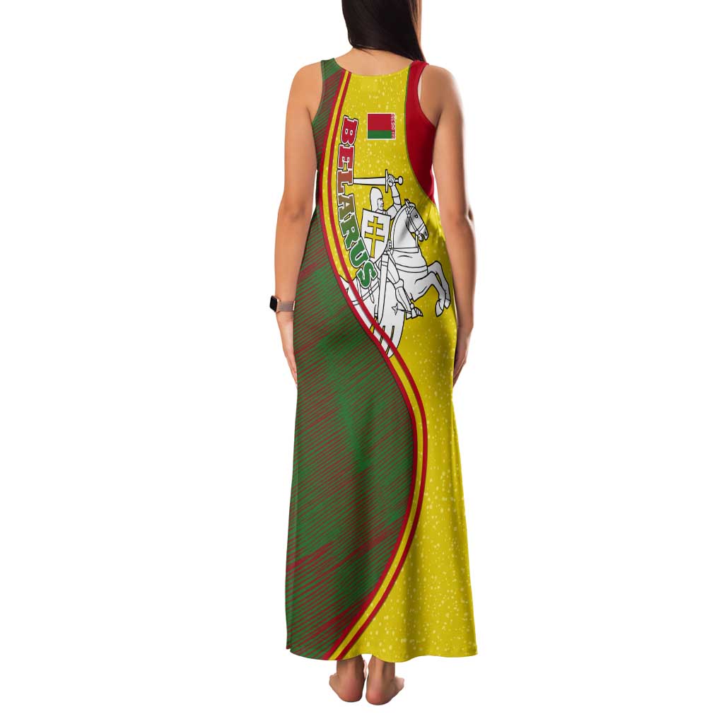 Belarus Pahonia Knight Crest Tank Maxi Dress with Red Green Yellow Folk Pattern Design