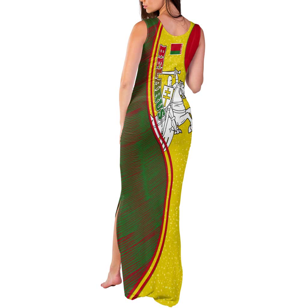 Belarus Pahonia Knight Crest Tank Maxi Dress with Red Green Yellow Folk Pattern Design