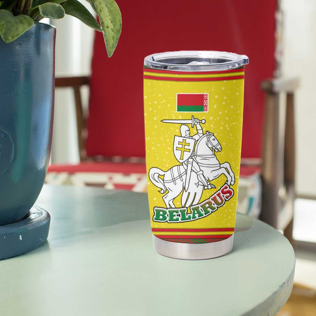 Belarus Pahonia Knight Crest Tumbler Cup with Red Green Yellow Folk Pattern Design