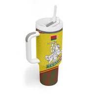 Belarus Pahonia Knight Crest Tumbler With Handle with Red Green Yellow Folk Pattern Design