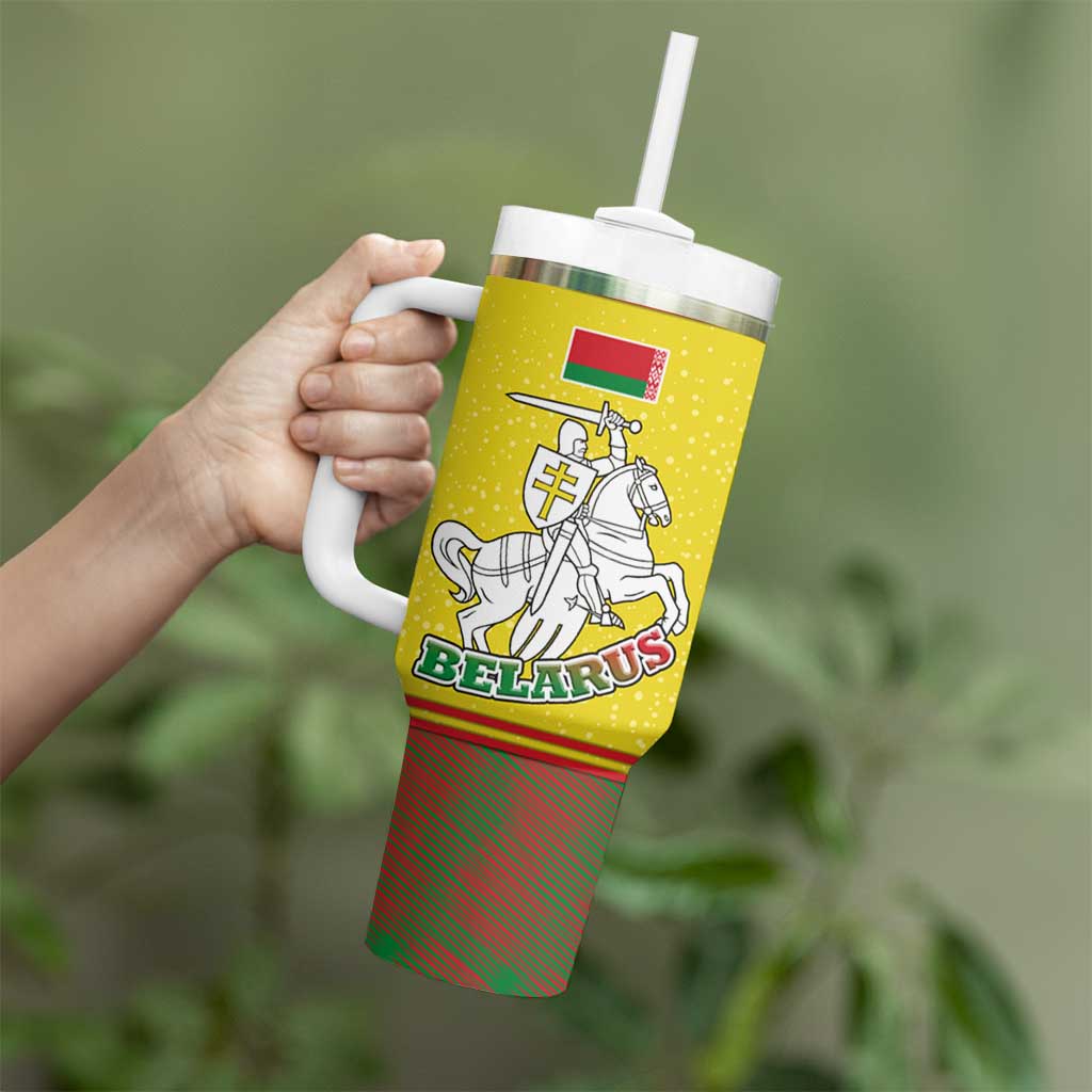 Belarus Pahonia Knight Crest Tumbler With Handle with Red Green Yellow Folk Pattern Design