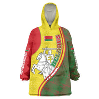 Belarus Pahonia Knight Crest Wearable Blanket Hoodie with Red Green Yellow Folk Pattern Design