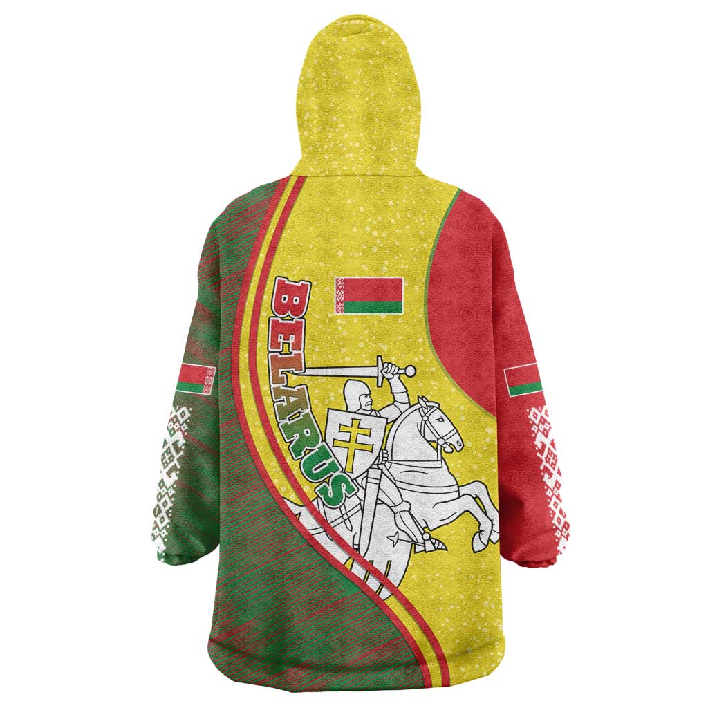 Belarus Pahonia Knight Crest Wearable Blanket Hoodie with Red Green Yellow Folk Pattern Design
