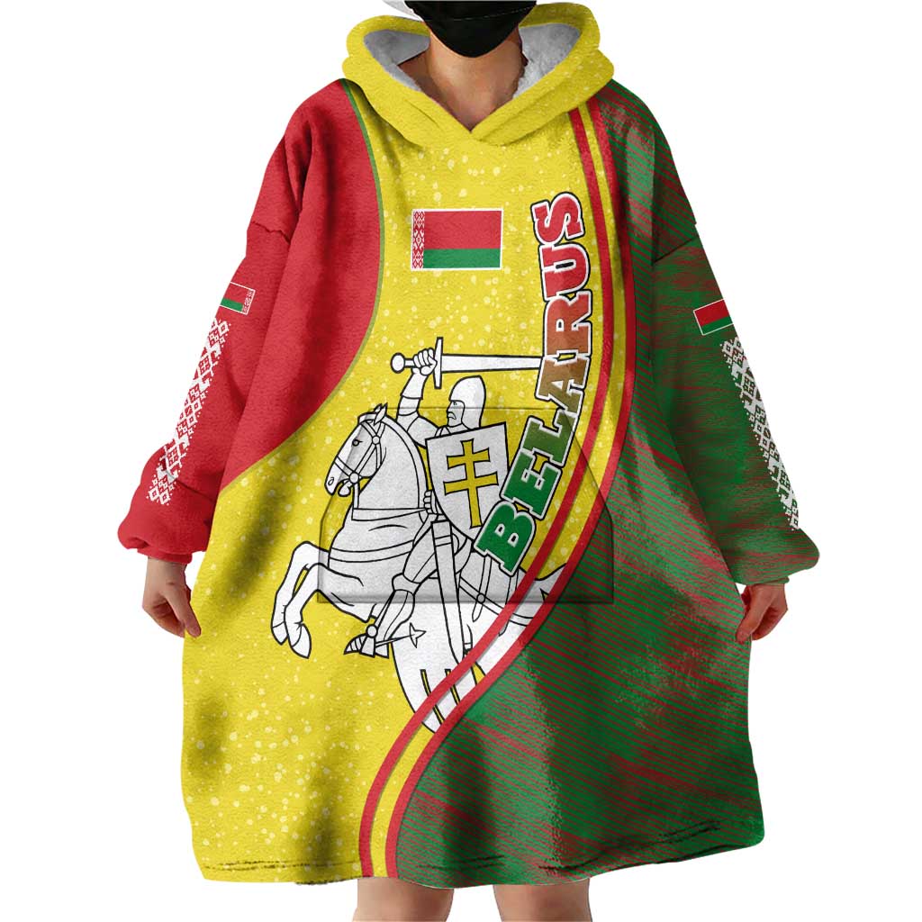 Belarus Pahonia Knight Crest Wearable Blanket Hoodie with Red Green Yellow Folk Pattern Design