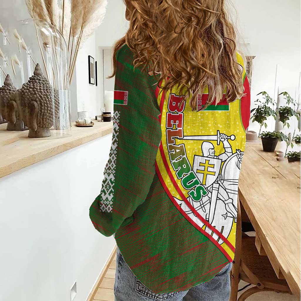 Belarus Pahonia Knight Crest Women Casual Shirt with Red Green Yellow Folk Pattern Design