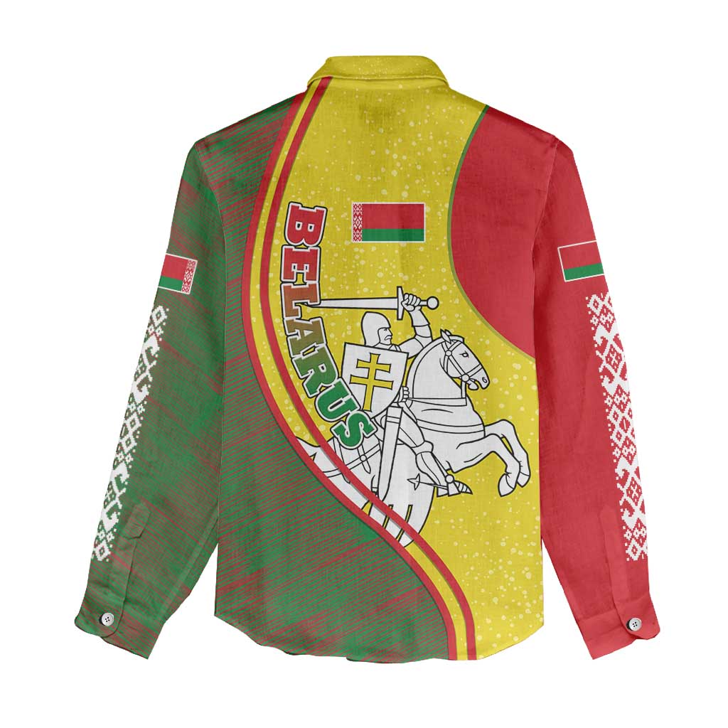 Belarus Pahonia Knight Crest Women Casual Shirt with Red Green Yellow Folk Pattern Design