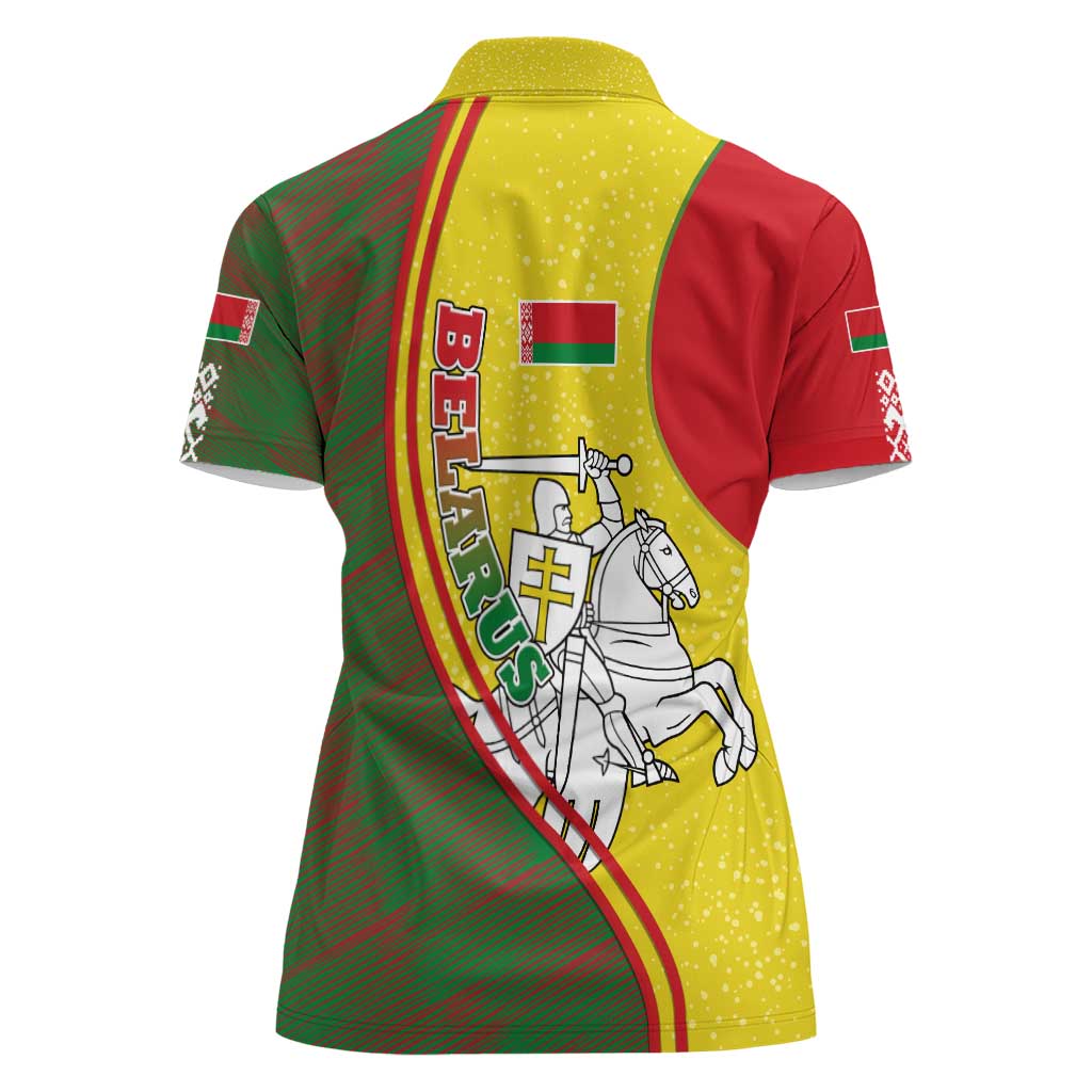 Belarus Pahonia Knight Crest Women Polo Shirt with Red Green Yellow Folk Pattern Design
