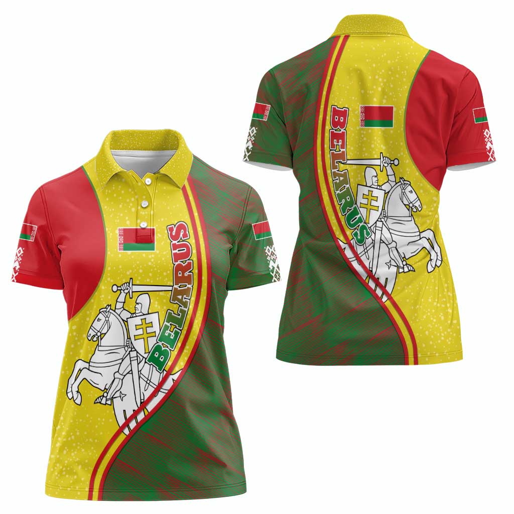 Belarus Pahonia Knight Crest Women Polo Shirt with Red Green Yellow Folk Pattern Design