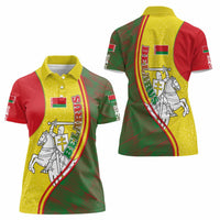 Belarus Pahonia Knight Crest Women Polo Shirt with Red Green Yellow Folk Pattern Design