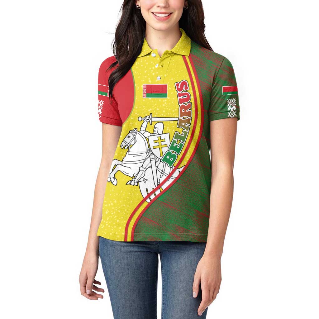 Belarus Pahonia Knight Crest Women Polo Shirt with Red Green Yellow Folk Pattern Design