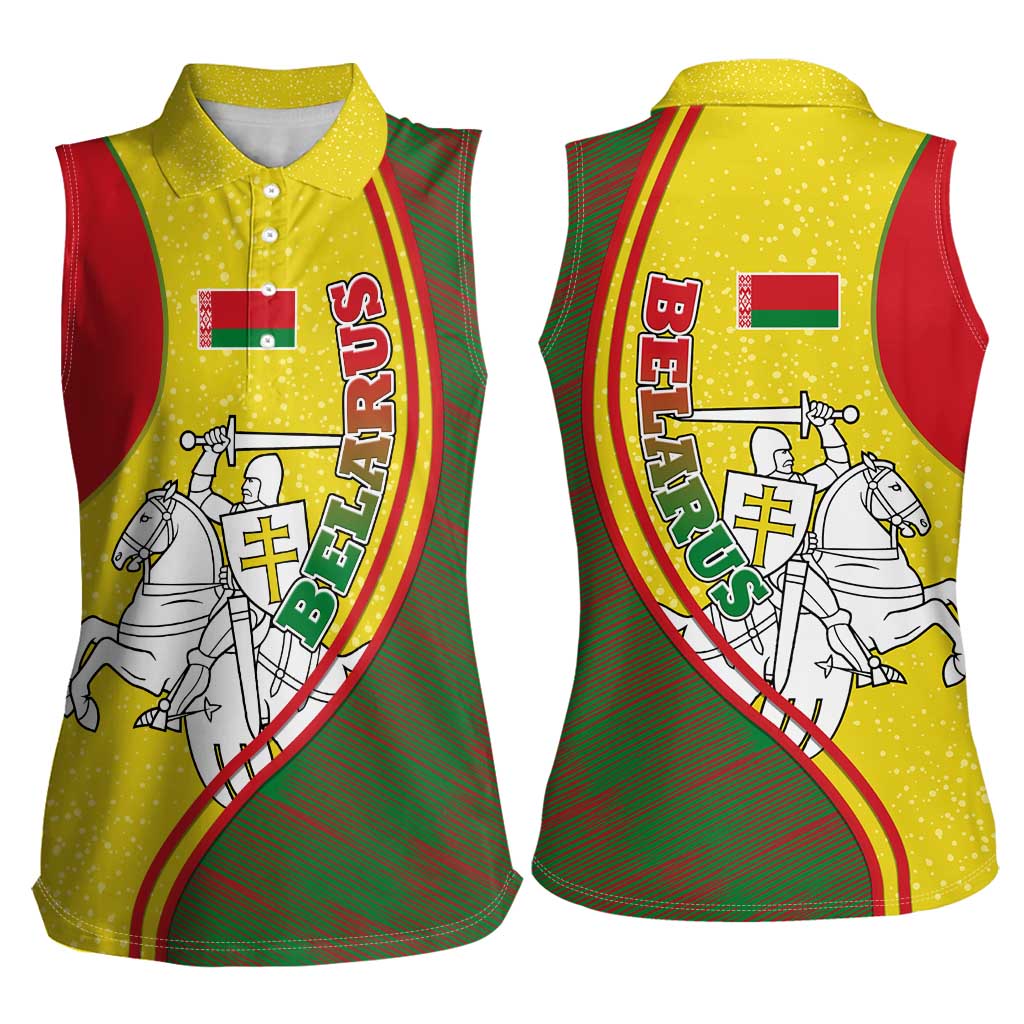 Belarus Pahonia Knight Crest Women Sleeveless Polo Shirt with Red Green Yellow Folk Pattern Design