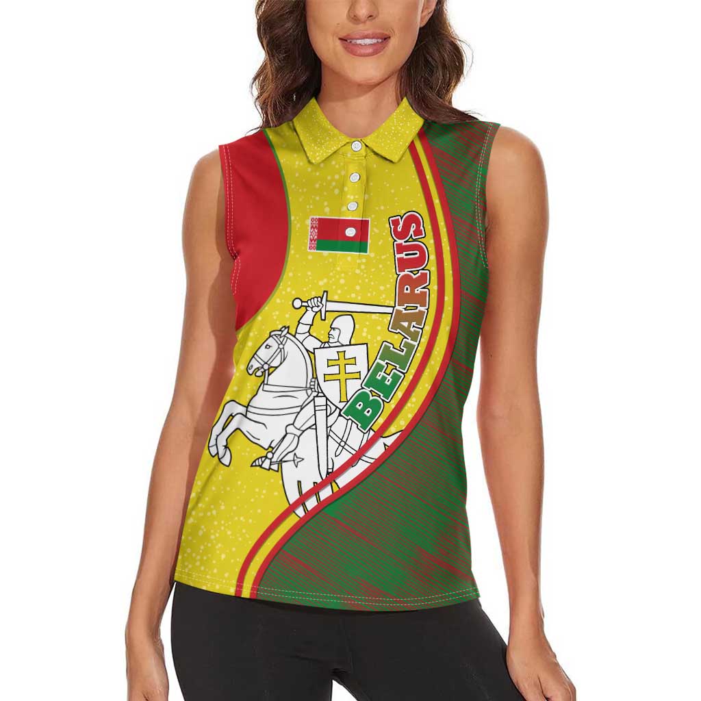 Belarus Pahonia Knight Crest Women Sleeveless Polo Shirt with Red Green Yellow Folk Pattern Design