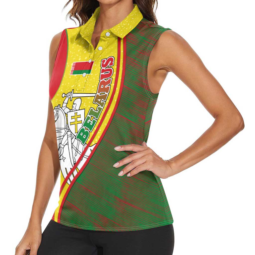 Belarus Pahonia Knight Crest Women Sleeveless Polo Shirt with Red Green Yellow Folk Pattern Design