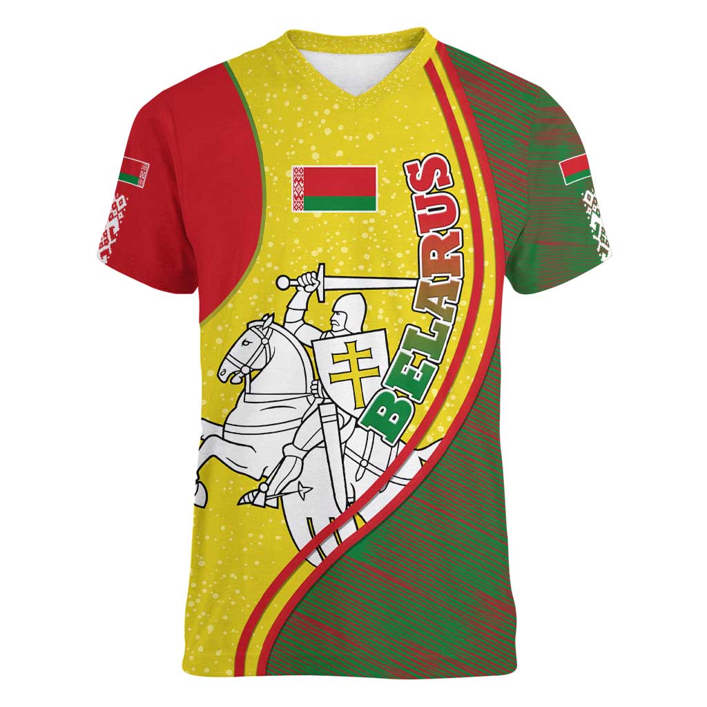 Belarus Pahonia Knight Crest Women V-Neck T-Shirt with Red Green Yellow Folk Pattern Design
