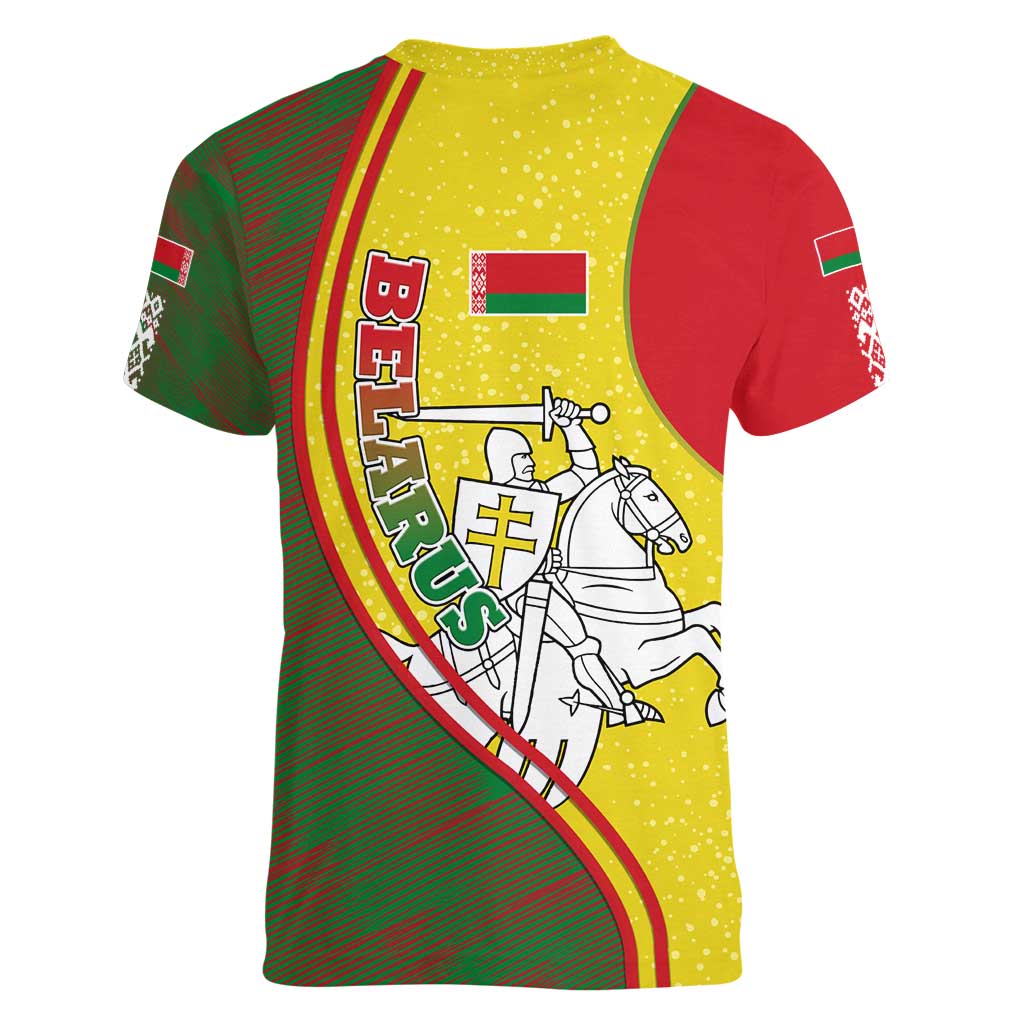 Belarus Pahonia Knight Crest Women V-Neck T-Shirt with Red Green Yellow Folk Pattern Design