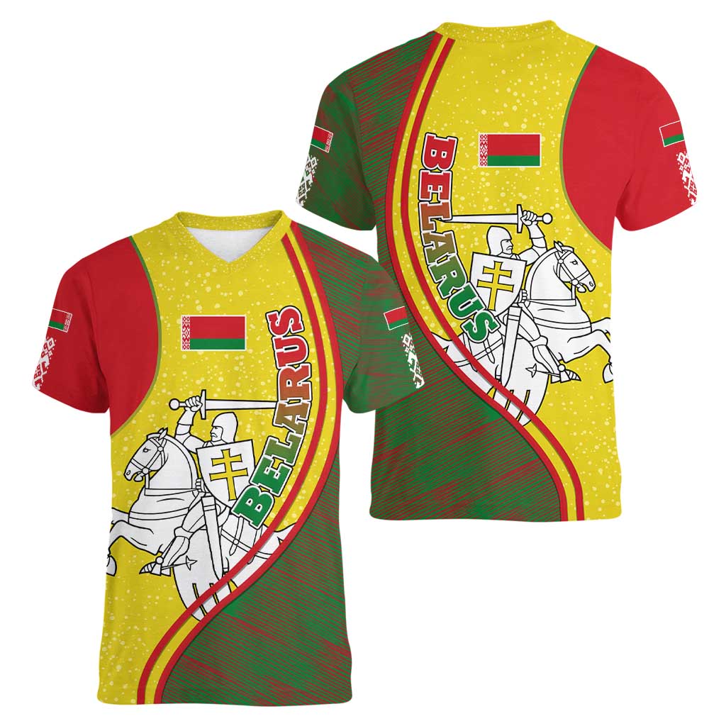 Belarus Pahonia Knight Crest Women V-Neck T-Shirt with Red Green Yellow Folk Pattern Design