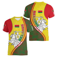 Belarus Pahonia Knight Crest Women V-Neck T-Shirt with Red Green Yellow Folk Pattern Design