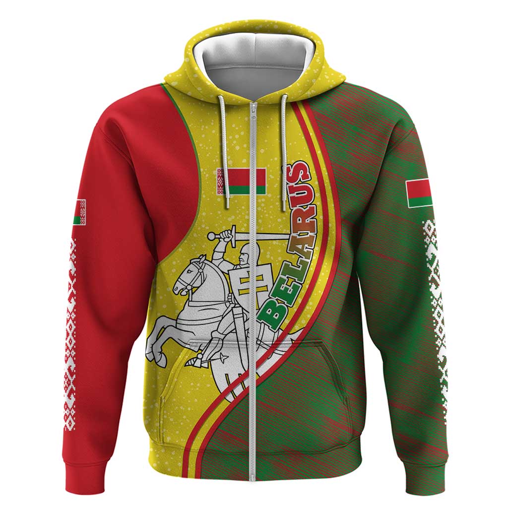 Belarus Pahonia Knight Crest Zip Hoodie with Red Green Yellow Folk Pattern Design