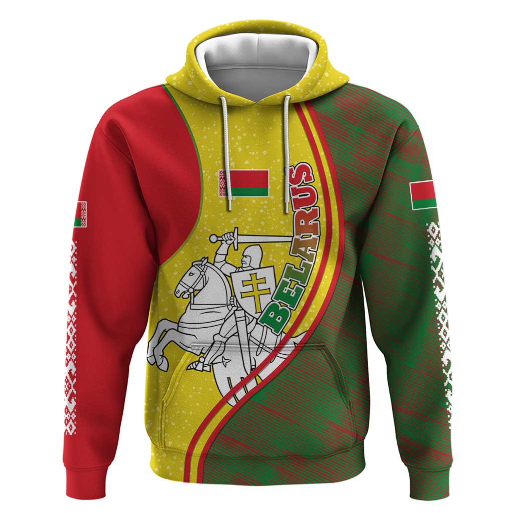 Belarus Pahonia Knight Crest Zip Hoodie with Red Green Yellow Folk Pattern Design