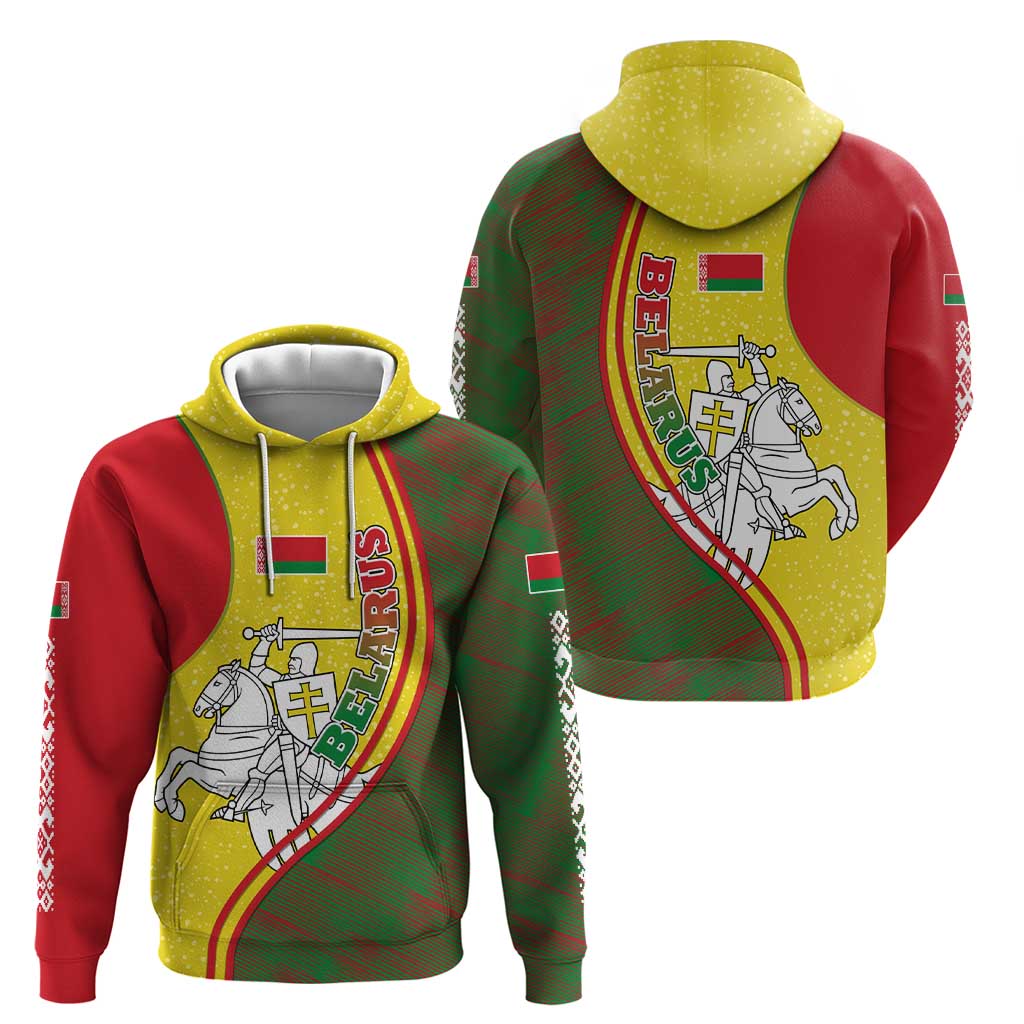 Belarus Pahonia Knight Crest Zip Hoodie with Red Green Yellow Folk Pattern Design