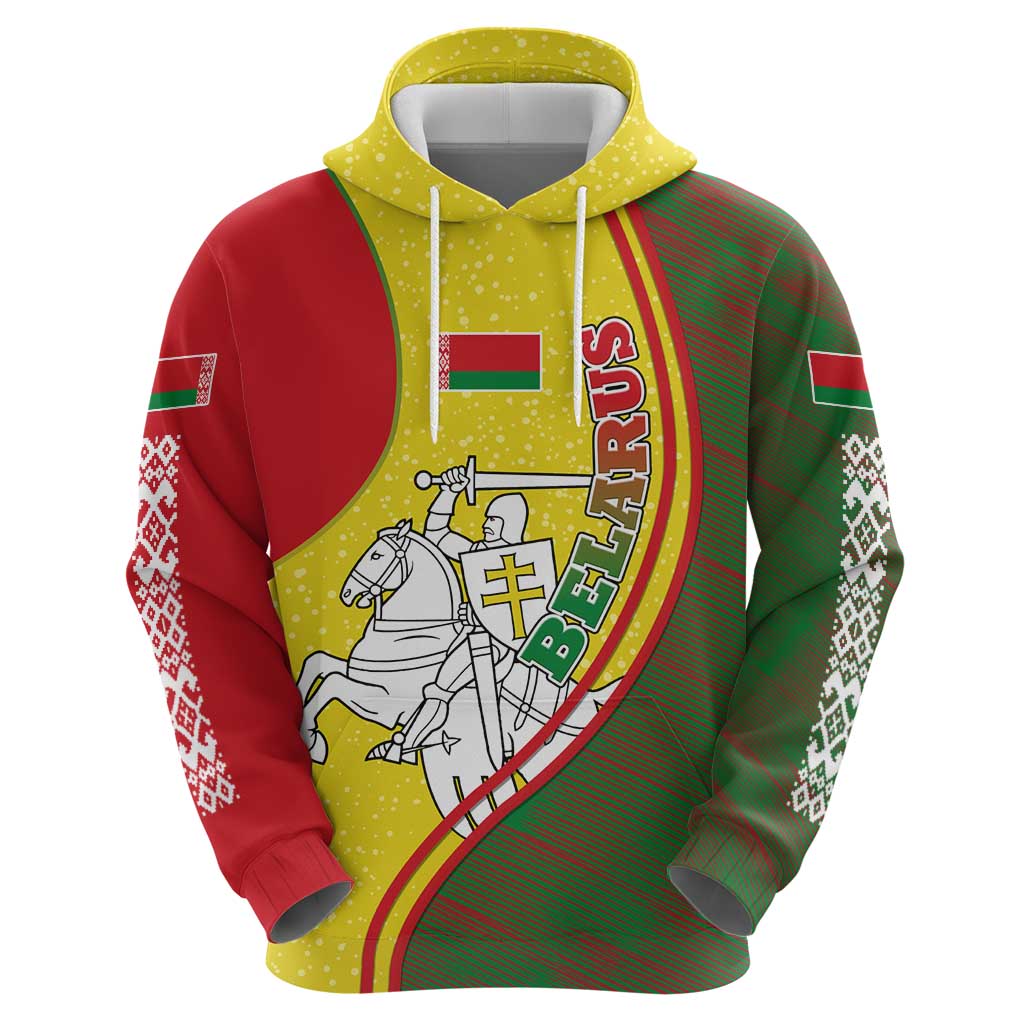 Belarus Pahonia Knight Crest Zip Hoodie with Red Green Yellow Folk Pattern Design