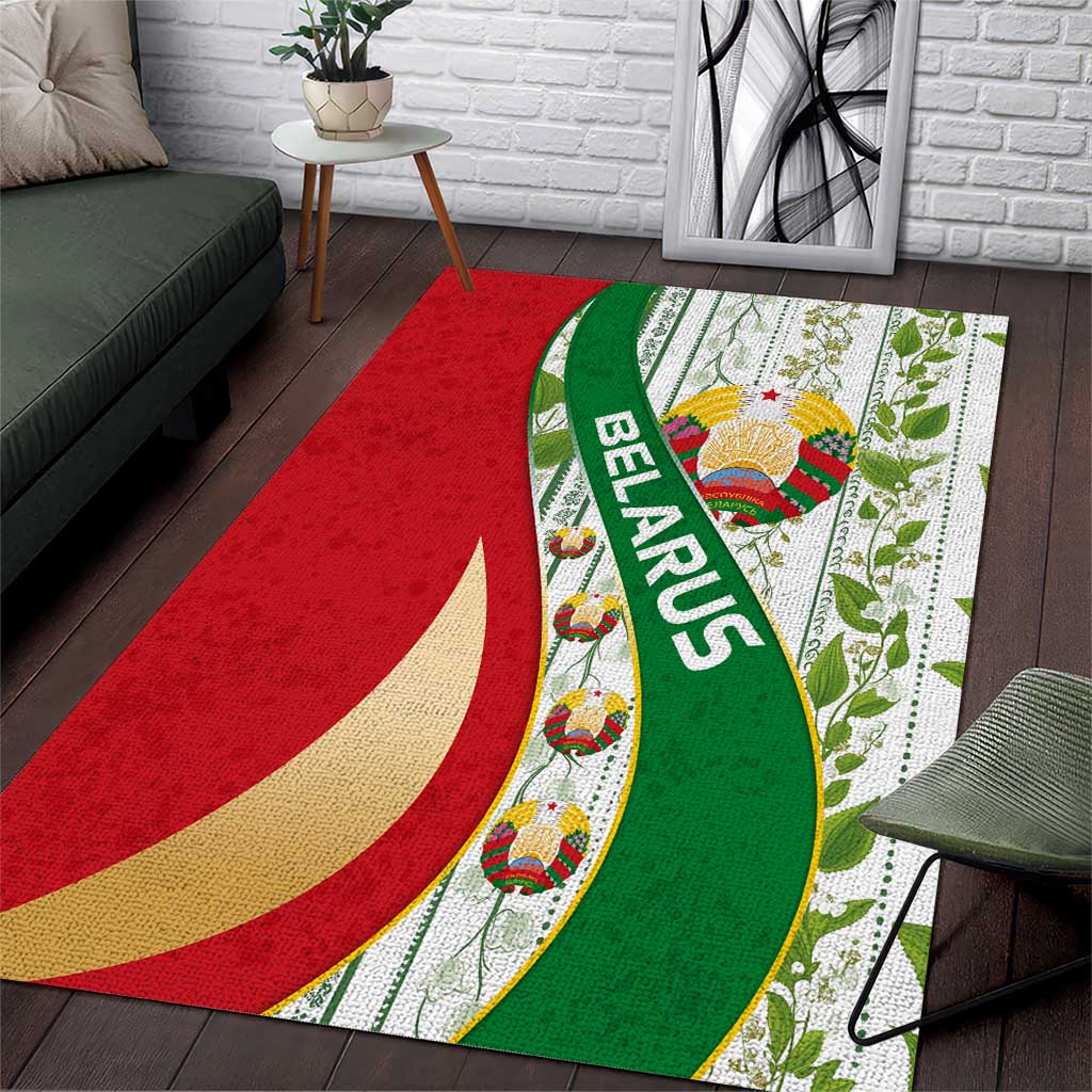 Belarus National Emblem Area Rug with Green Red Gold Floral Folk Pattern Design