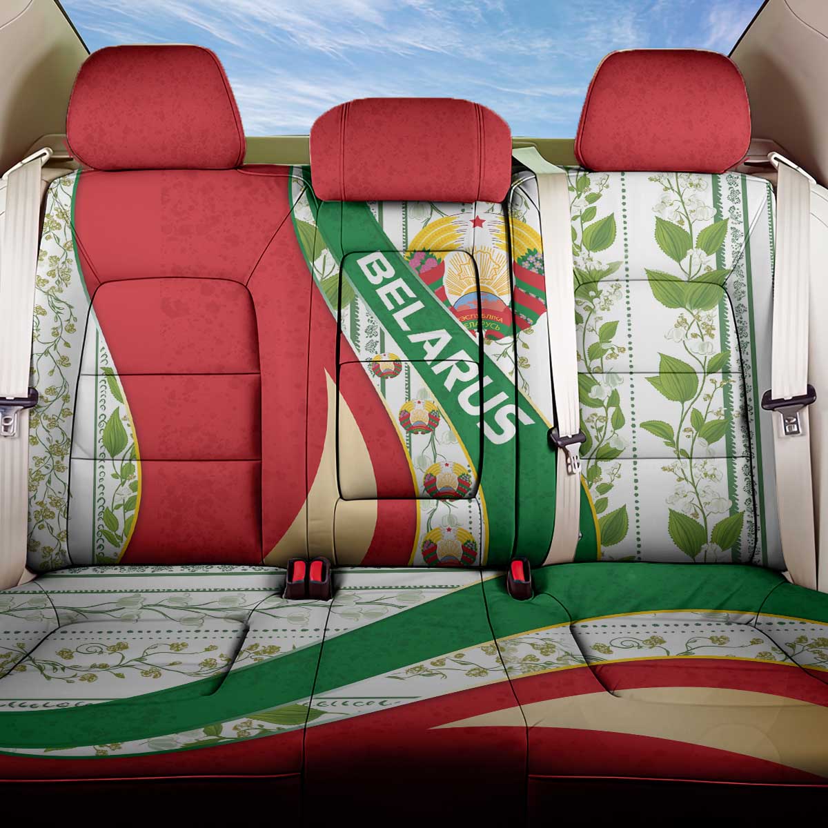 Belarus National Emblem Back Car Seat Cover with Green Red Gold Floral Folk Pattern Design