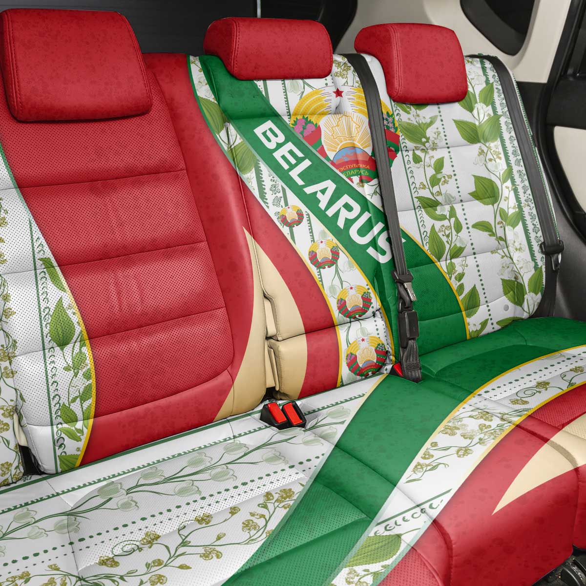 Belarus National Emblem Back Car Seat Cover with Green Red Gold Floral Folk Pattern Design