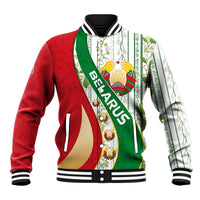 Belarus National Emblem Baseball Jacket with Green Red Gold Floral Folk Pattern Design