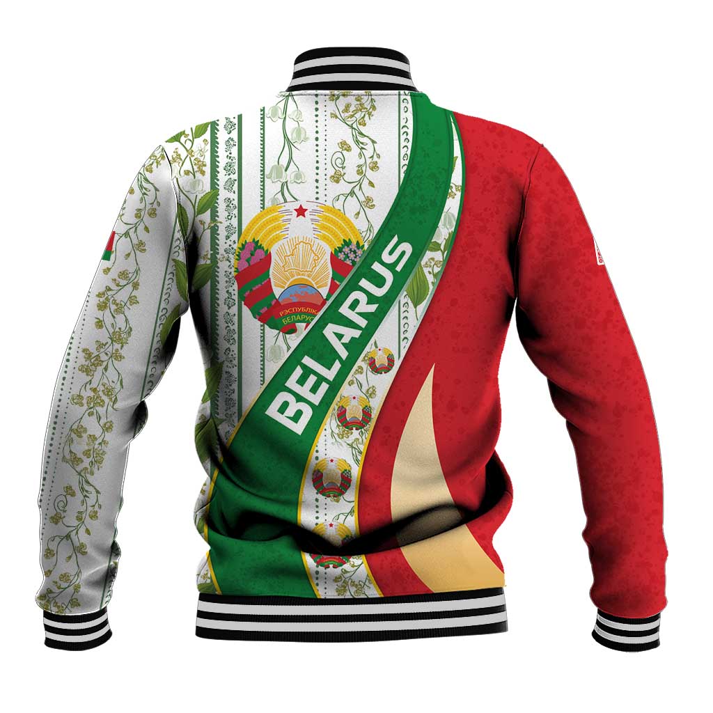 Belarus National Emblem Baseball Jacket with Green Red Gold Floral Folk Pattern Design