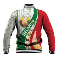 Belarus National Emblem Baseball Jacket with Green Red Gold Floral Folk Pattern Design