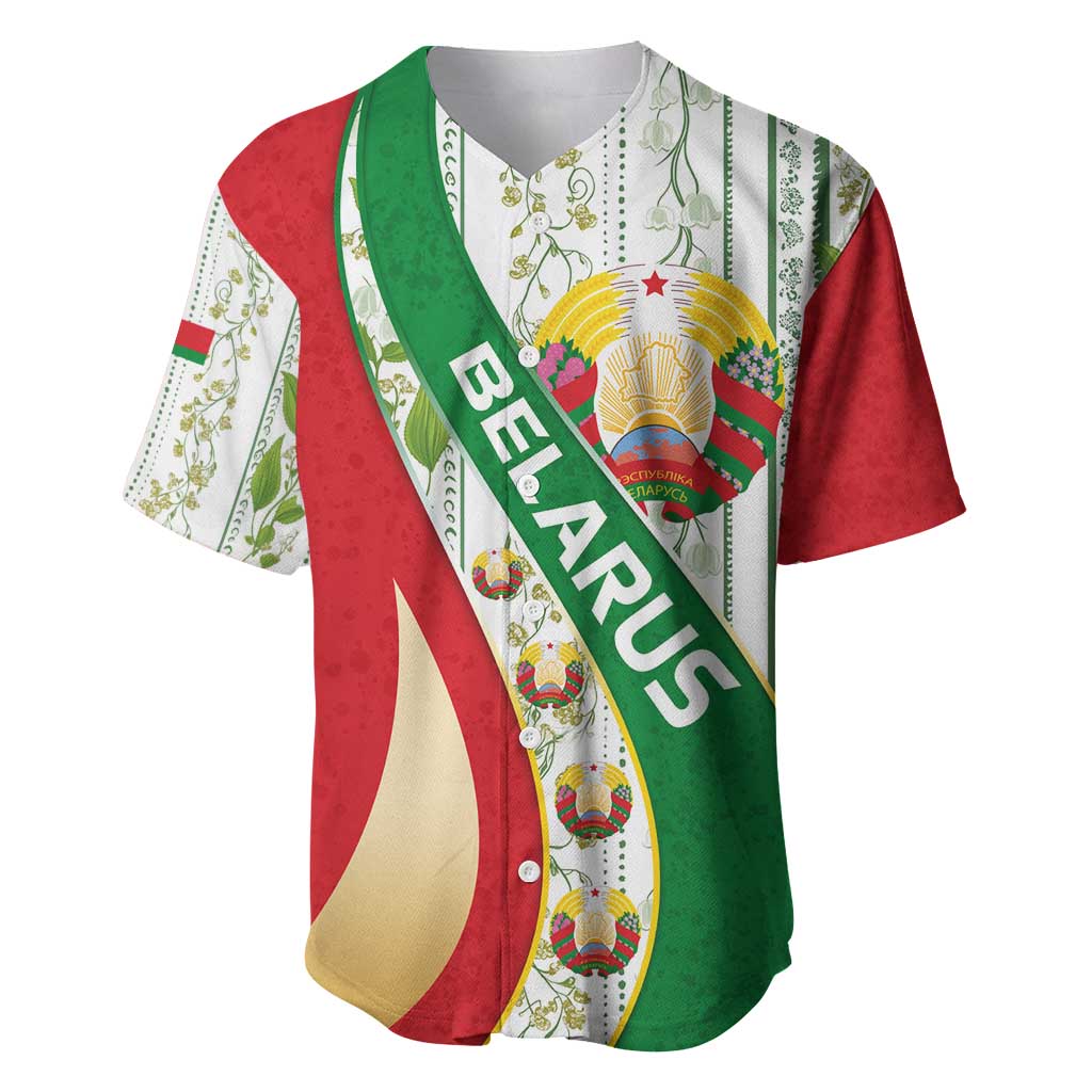 Belarus National Emblem Baseball Jersey with Green Red Gold Floral Folk Pattern Design