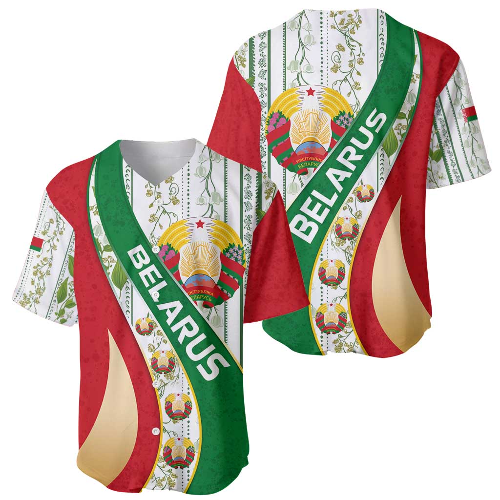 Belarus National Emblem Baseball Jersey with Green Red Gold Floral Folk Pattern Design