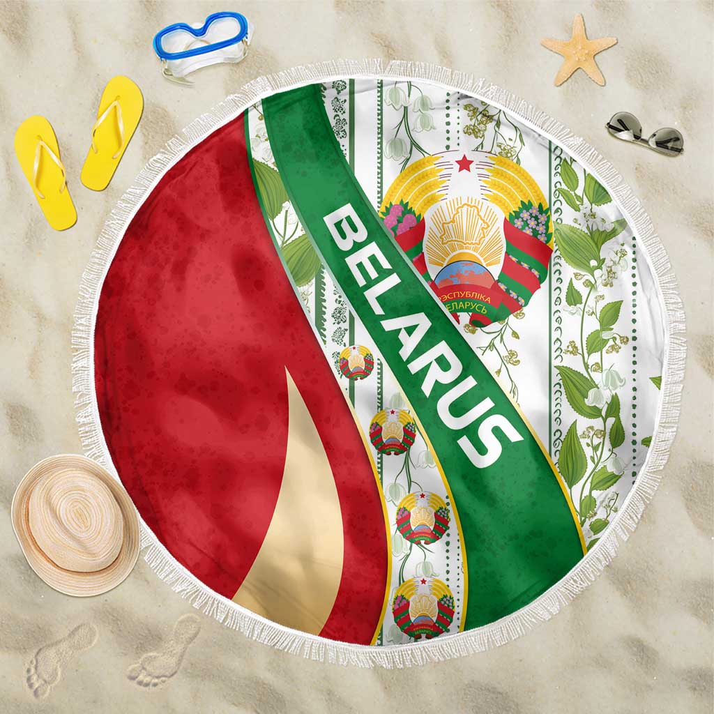 Belarus National Emblem Beach Blanket with Green Red Gold Floral Folk Pattern Design